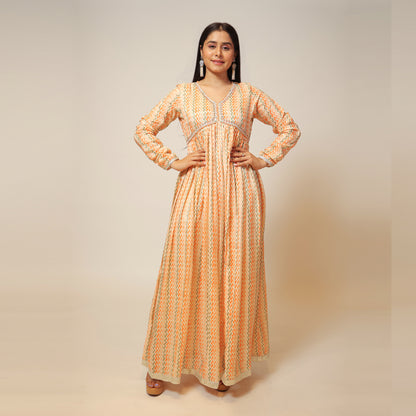 Fiery Orange Muzlin Long Dress with Dupatta