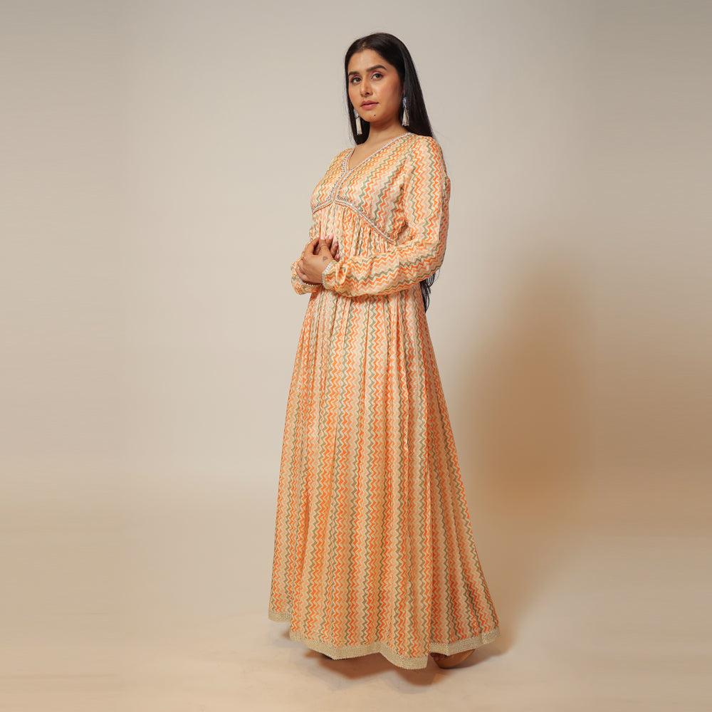 Fiery Orange Muzlin Long Dress with Dupatta