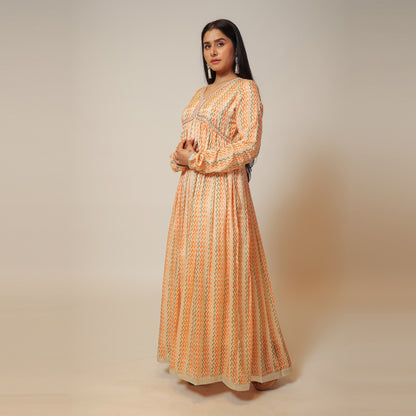 Fiery Orange Muzlin Long Dress with Dupatta