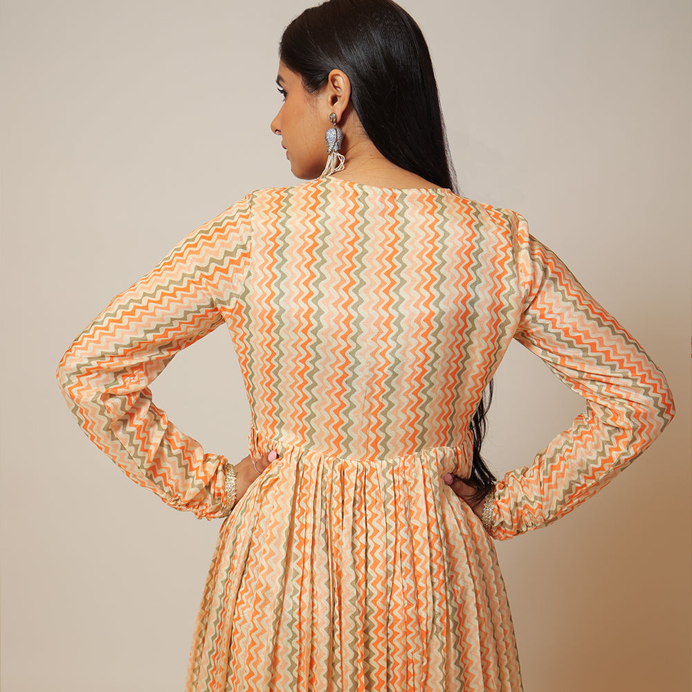 Fiery Orange Muzlin Long Dress with Dupatta