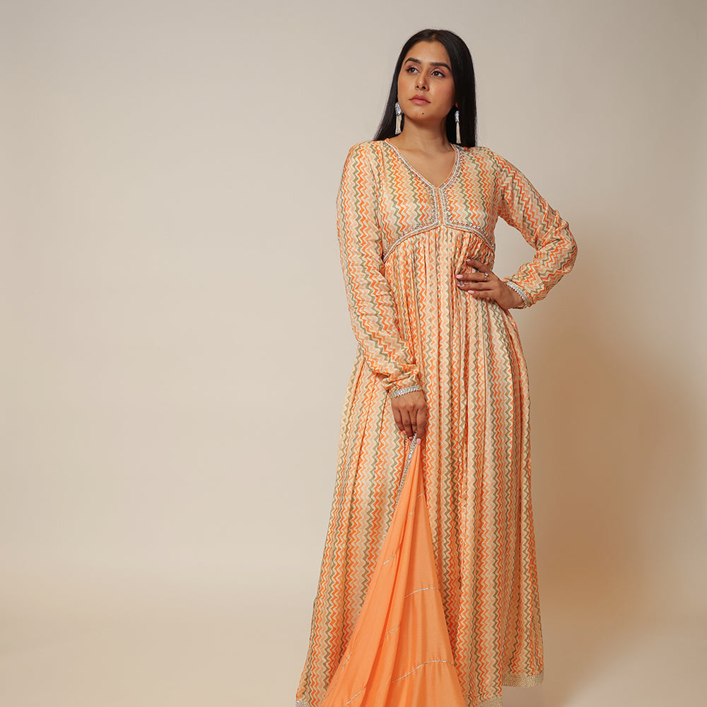 Fiery Orange Muzlin Long Dress with Dupatta