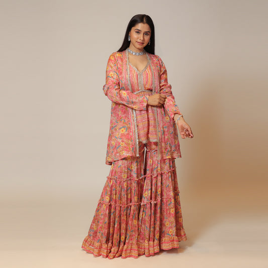 Rosy Pink Sharara Set with Short Cape