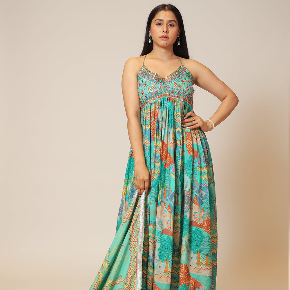 Rama Green Oasis Spaghetti Gown with Dupatta