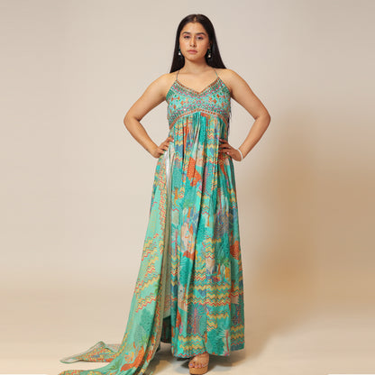 Rama Green Oasis Spaghetti Gown with Dupatta