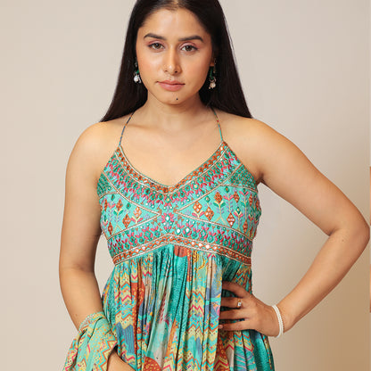 Rama Green Oasis Spaghetti Gown with Dupatta