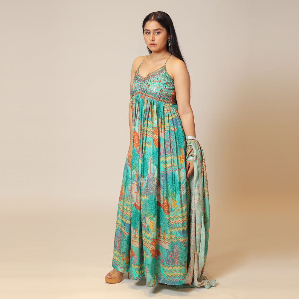 Rama Green Oasis Spaghetti Gown with Dupatta