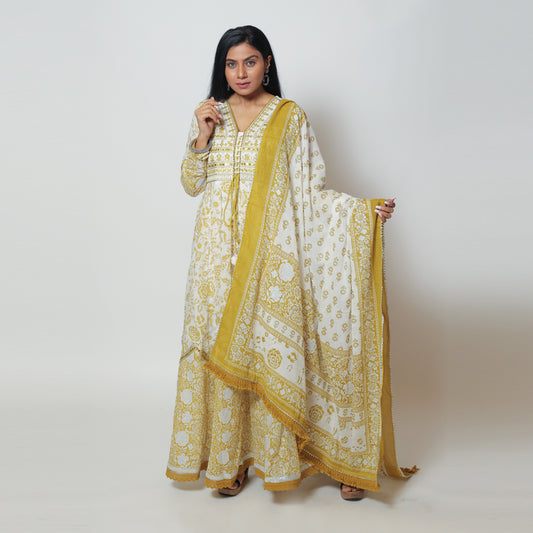 Mustard White Cotton Long Dress with Dupatta