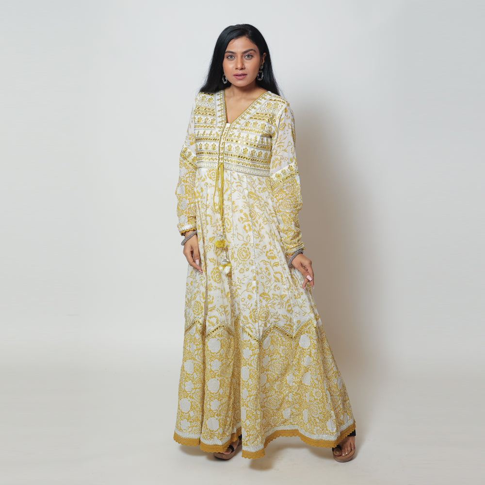 Mustard White Cotton Long Dress with Dupatta