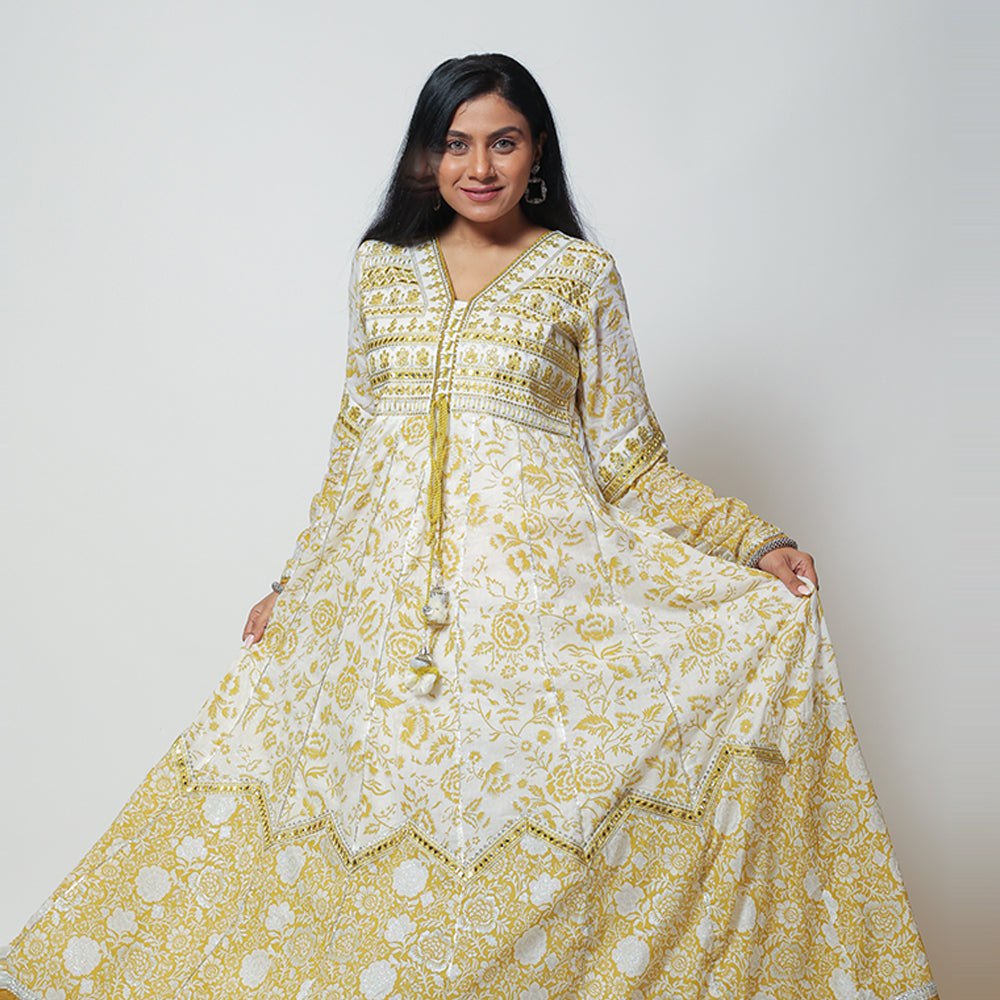 Mustard White Cotton Long Dress with Dupatta