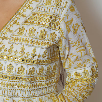 Mustard White Cotton Long Dress with Dupatta