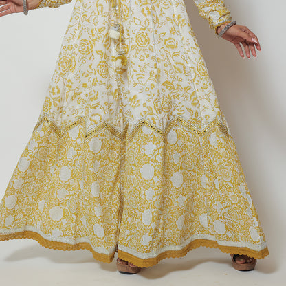 Mustard White Cotton Long Dress with Dupatta