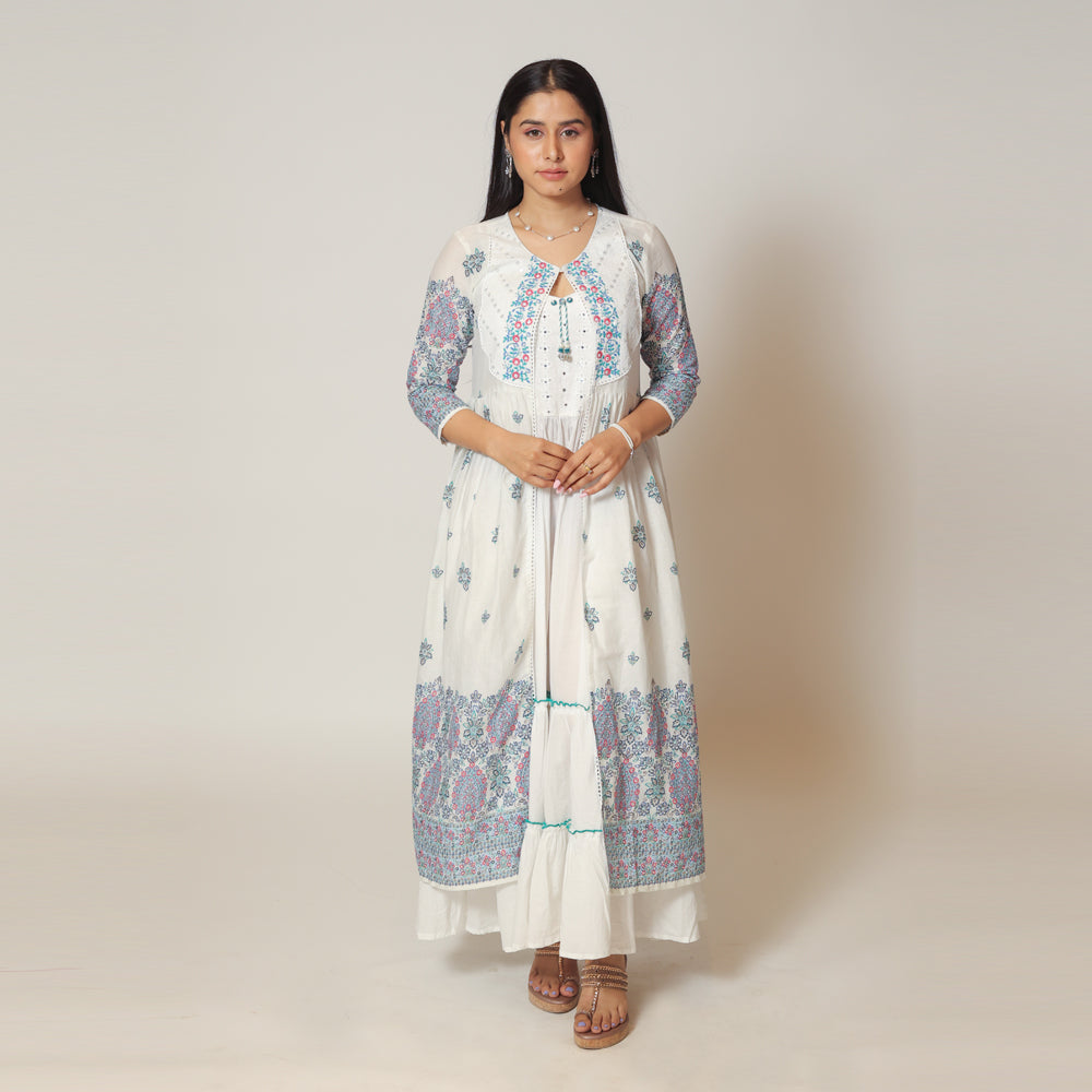 Serene White and Blue Cotton Long Dress with Shrug