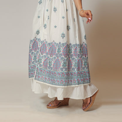 Serene White and Blue Cotton Long Dress with Shrug