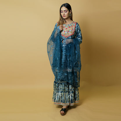 Blue Breeze: Elegant Muzlin Sharara Set with Dupata