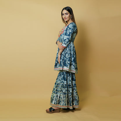 Blue Breeze: Elegant Muzlin Sharara Set with Dupata