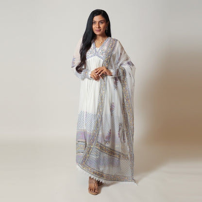 Heavenly Blue and White Cotton Mul Long Dress with Dupatta