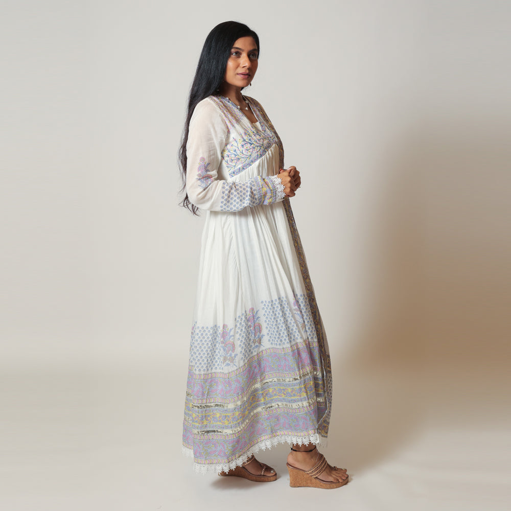 Heavenly Blue and White Cotton Mul Long Dress with Dupatta