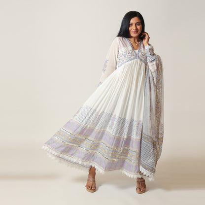 Heavenly Blue and White Cotton Mul Long Dress with Dupatta