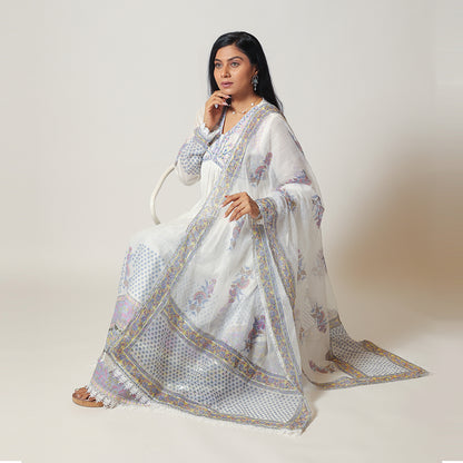 Heavenly Blue and White Cotton Mul Long Dress with Dupatta