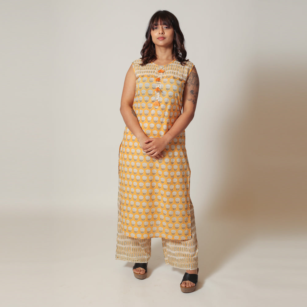 Mustard Cotton Sleeveless Kurta Pant Set with Plazzo