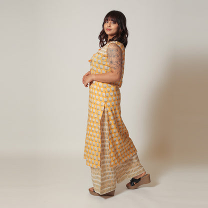 Mustard Cotton Sleeveless Kurta Pant Set with Plazzo