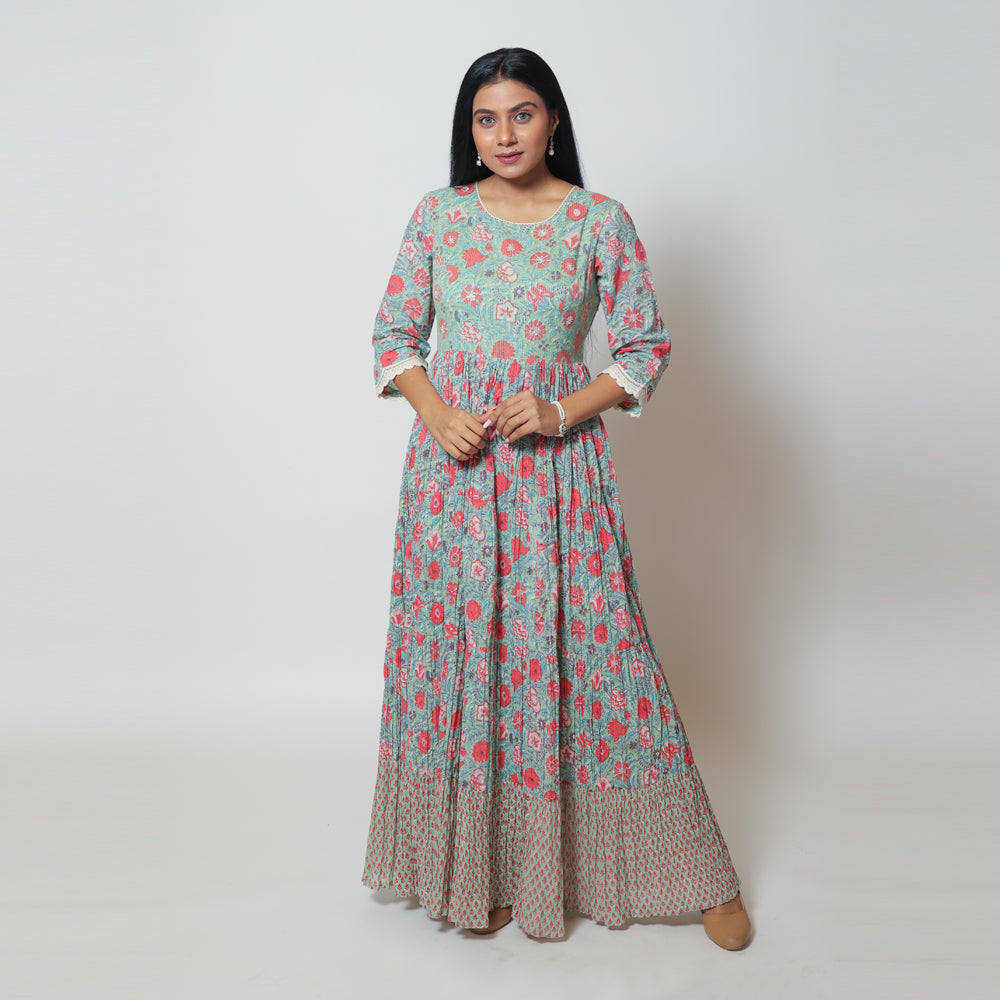 Rama Green Cotton Long Dress Gown