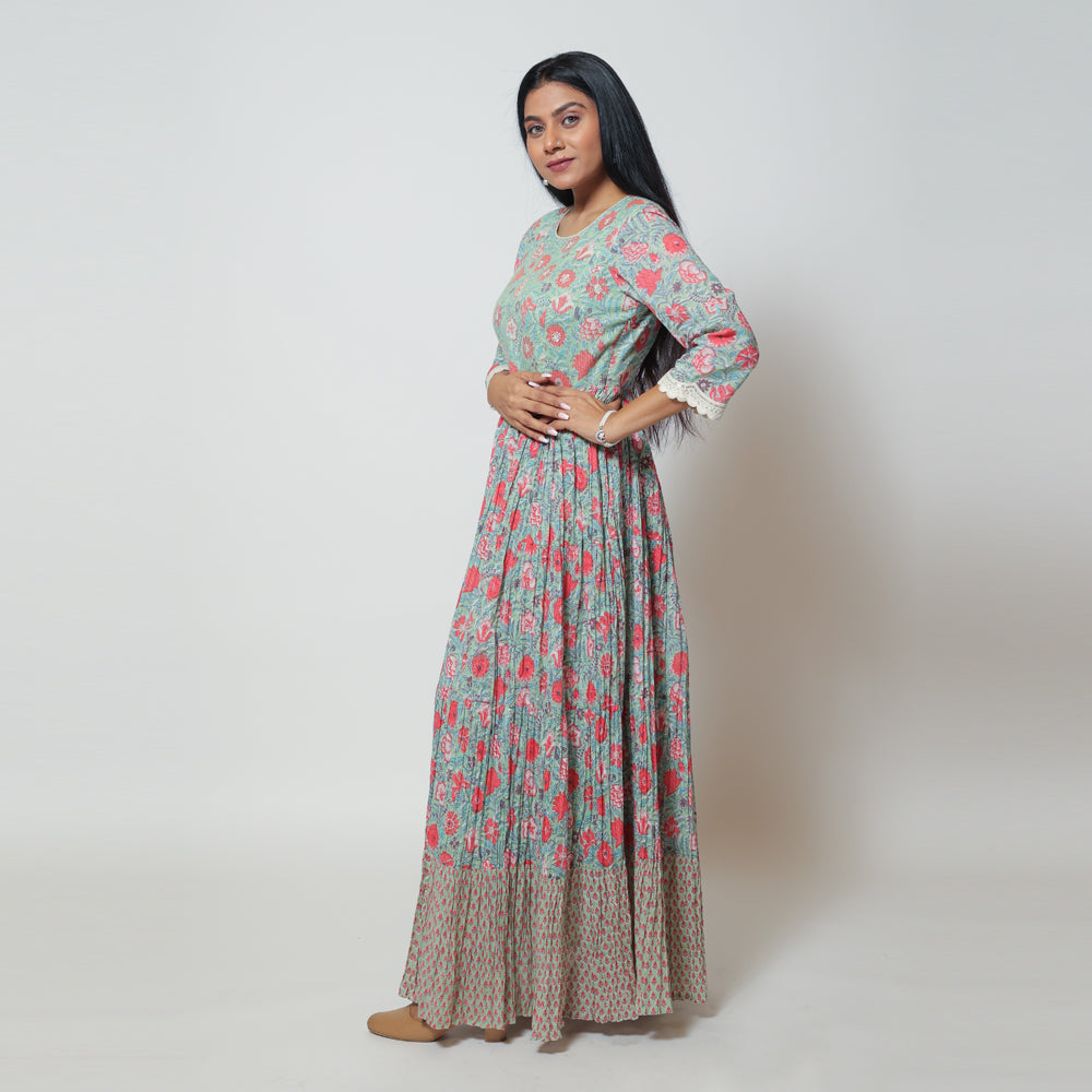 Rama Green Cotton Long Dress Gown