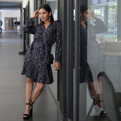 "Nautical Charm" Navy Blue Rayon Midi Dress with Sling Bag