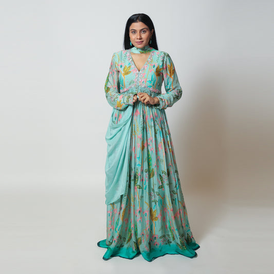 Pistachio Dream Gown with Choker Dupatta